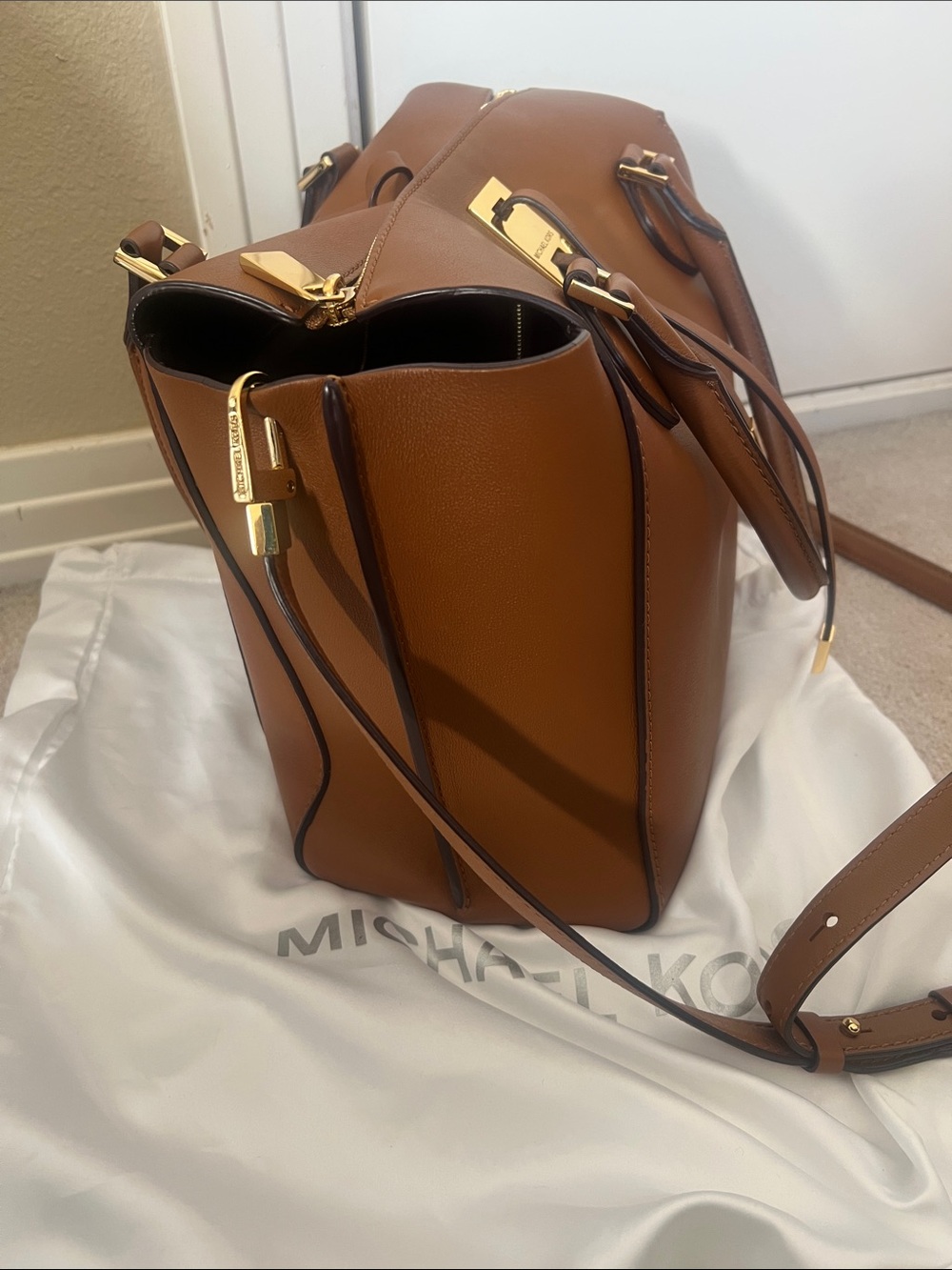 Michael Kors Collection Brown Leather Satchel with Gold Accents - Picture 5 of 6